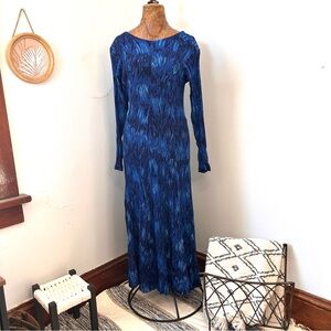 Vtg HER STYLE Boho Maxi Dress Womens  L  Pleated Blue Dark Romantic Fairy 90s